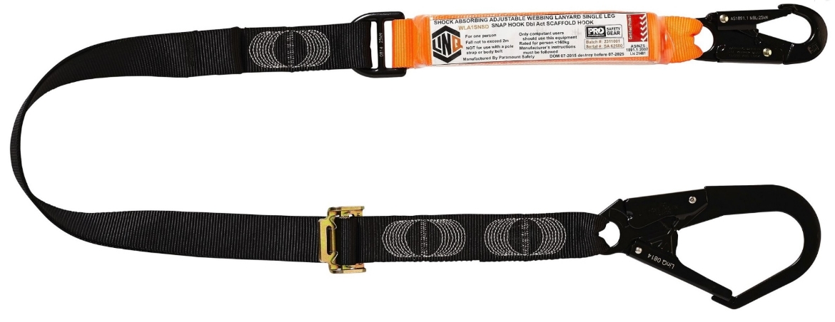 Picture of LINQ Elite Single Leg Shock Absorbing 2M Adjustable Lanyard with Hardware SN & SD 1 x Snap Hook 1 x Double Action Scaff Hook