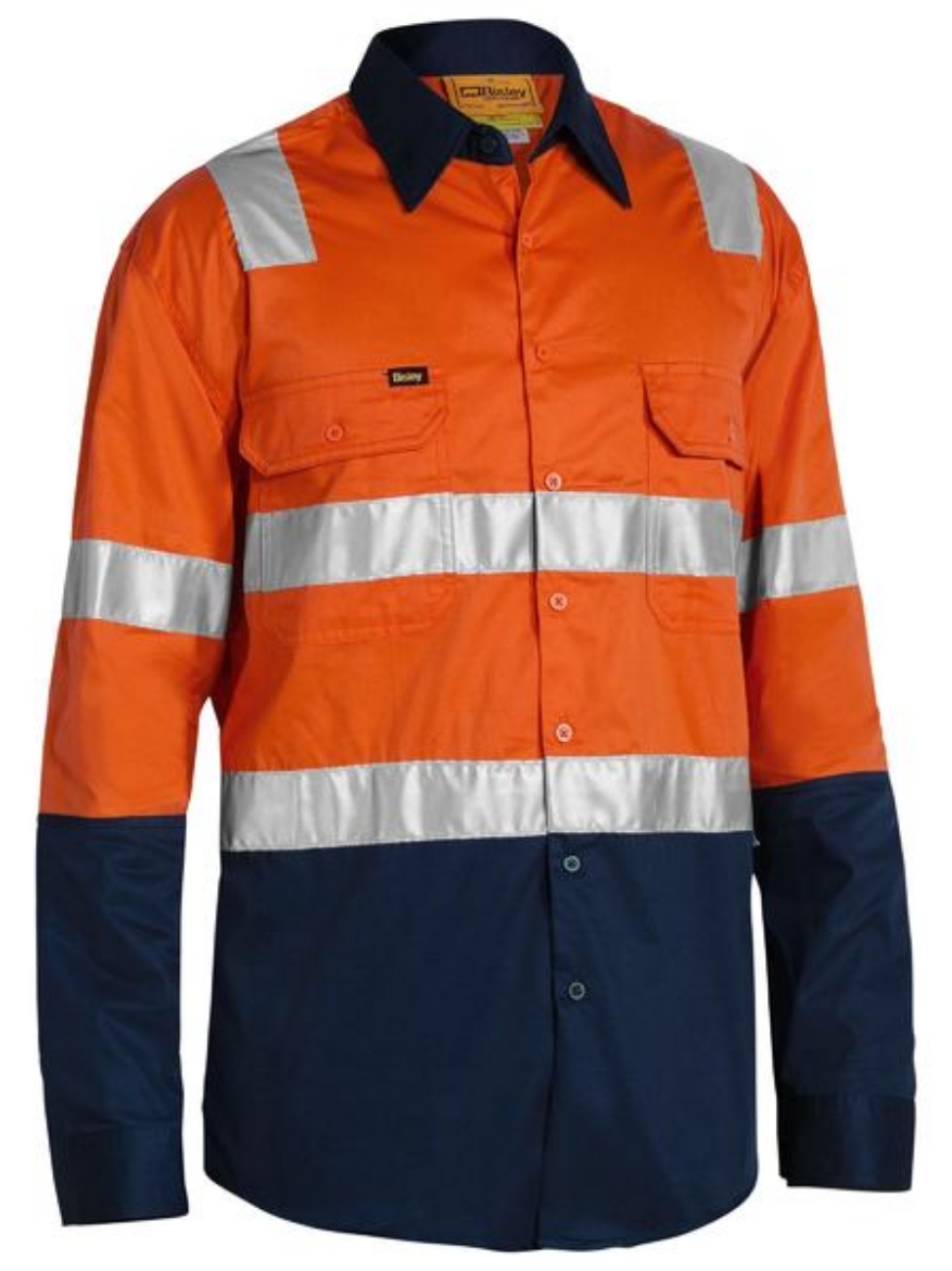 Picture of BISLEY 3M Taped  Hi Vis Cool Lightweight Shirt 100% Preshrunk Cotton with Shoulder Tape 155gsm L/S Orange/navy