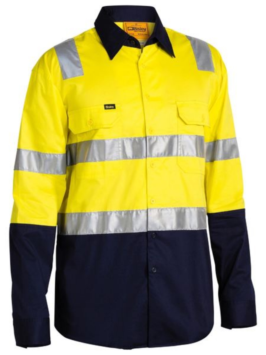 Picture of BISLEY 3M Taped  Hi Vis Cool Lightweight Shirt 100% Preshrunk Cotton with Shoulder Tape 155gsm L/S YELLOW/NAVY