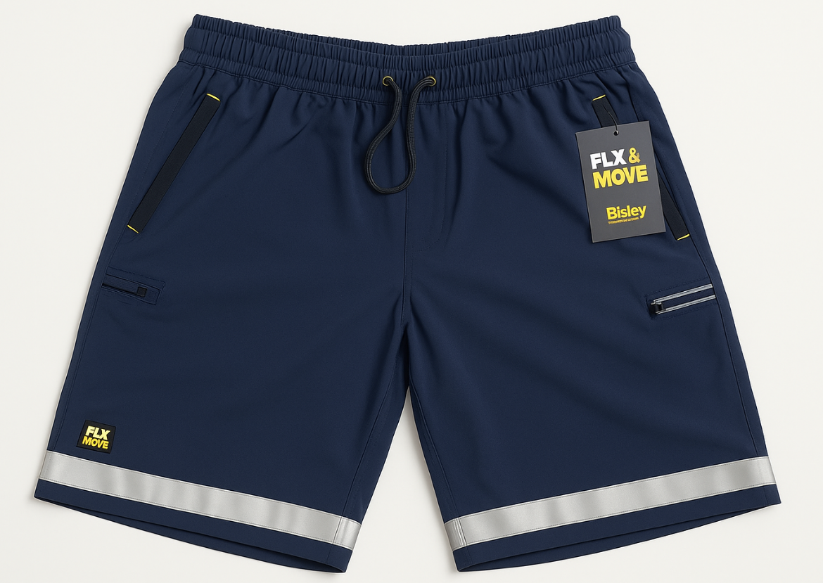 Picture of BISLEY Flx & Move™ 4-Way Stretch Elastic Waist Cargo Short Navy 170gsm with reflective tape hoop on each leg.
