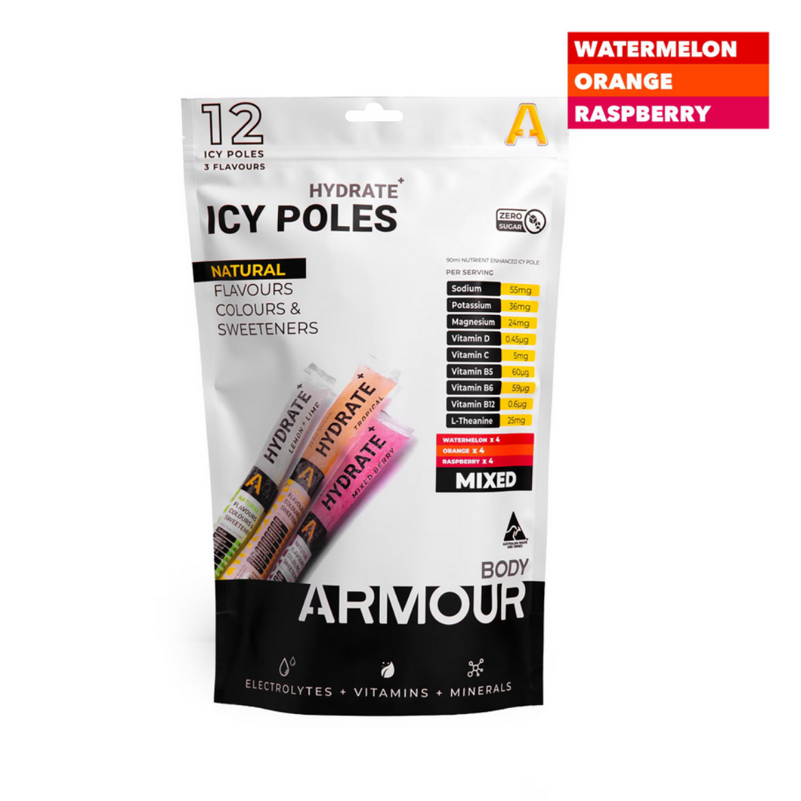 Picture of BODY ARMOUR Hydrate+Icy Poles Mixed Pack ZERO SUGAR | WATERMELON | ORANGE | RASBERRY