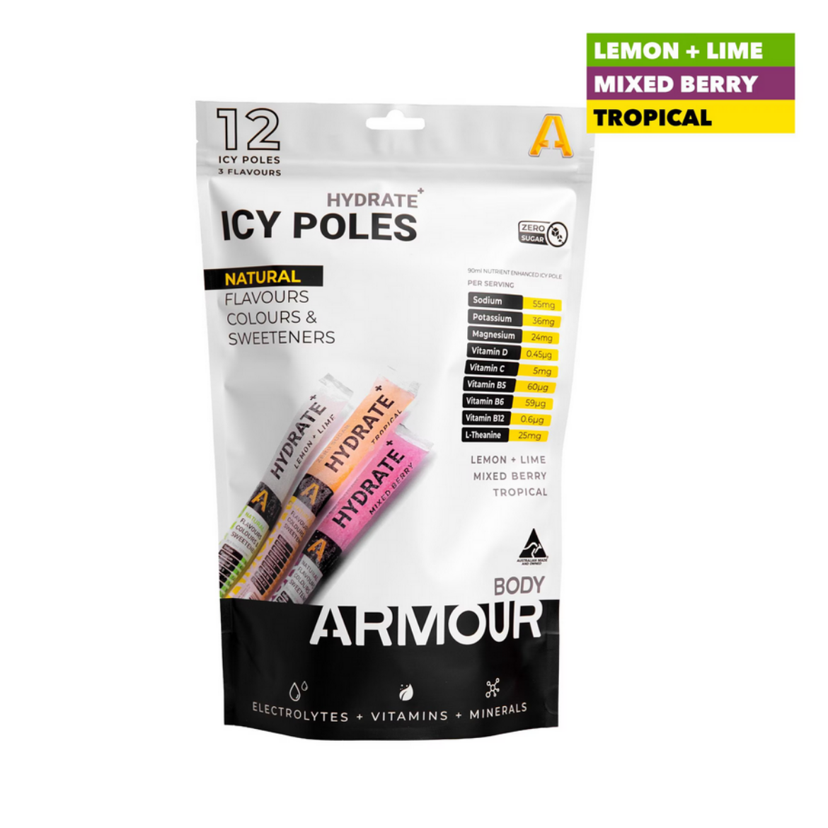 Picture of BODY ARMOUR Hydrate+Icy Poles Mixed Pack ZERO SUGAR | LEMONLIME | MIXED BERRY | TROPICAL