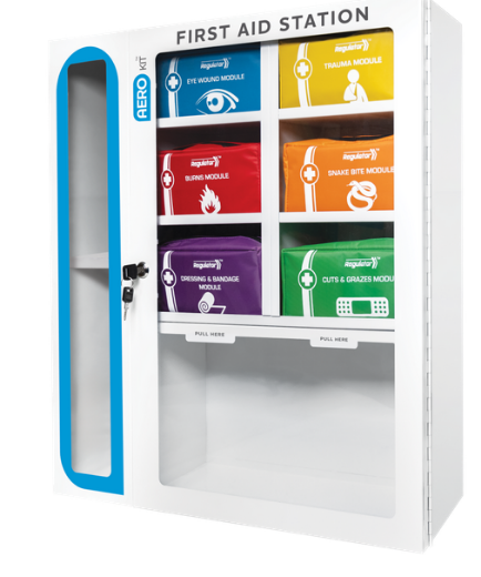 Picture of AEROKIT First Aid Station with 6 Modules (Defib, Bleeding Control Kit and Eyewash Bottles sold separately.Includes Cabinet and 6 Modules only)