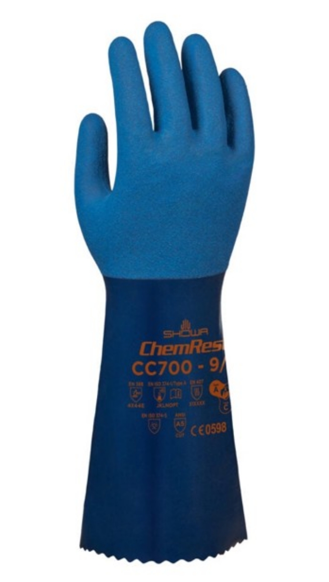 Picture of SHOWA Cut Resistant 18g UHMWPE Fibre Free Liner Blue Nitrile Chemical Glove with Rough Nitrile Palm Finish 35cm Long 4X44E (Cut Level E)