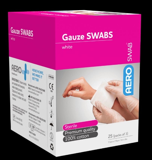 Picture of AEROSWAB Sterile White Gauze Swab 7.5 x 7.5cm (Packs of 3) Box/25